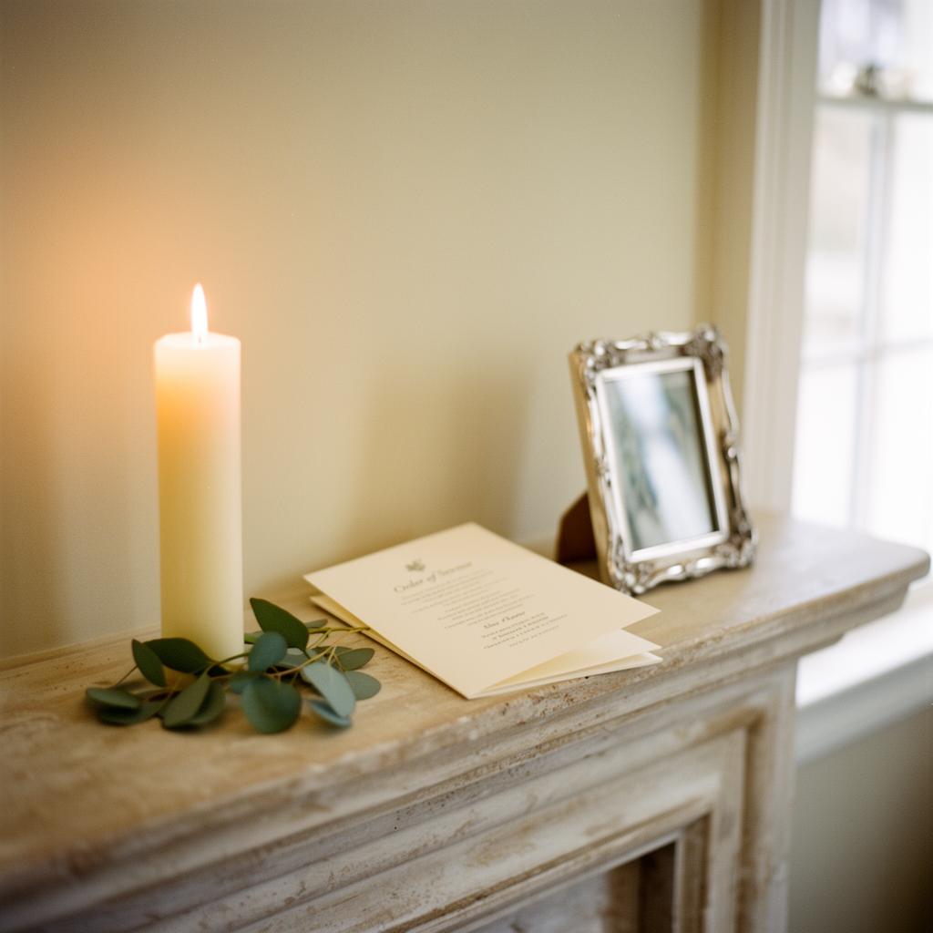 A lit cream pillar candle beside a sprig of eucalyptus, an ivory order of service booklet and a small silver-framed photograph resting on a painted stone mantelpiece in soft daylight