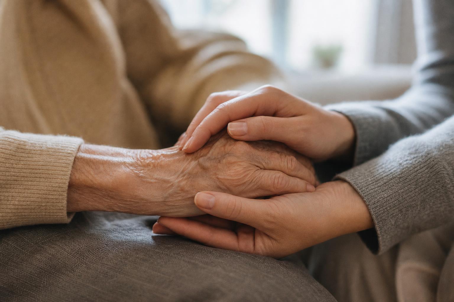 A younger pair of hands gently holding an older person's hand in quiet comfort, soft natural daylight